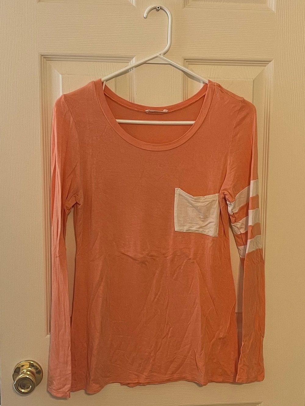 Women's Long-Sleeve Crew Pocket Tee - Coral with White Accents